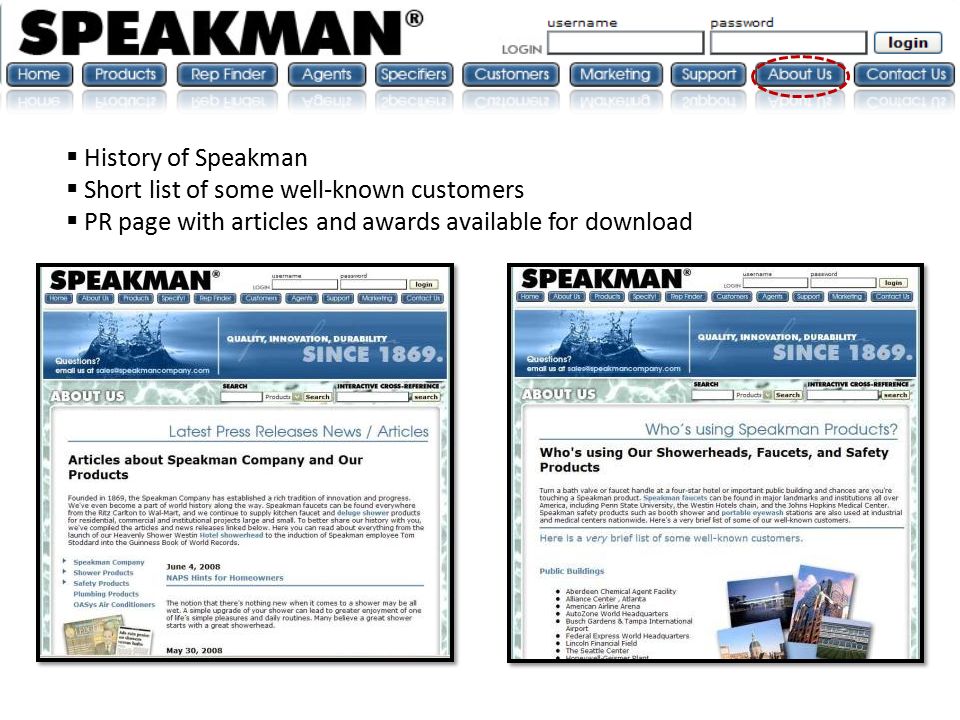  History of Speakman  Short list of some well-known customers  PR page with articles and awards available for download