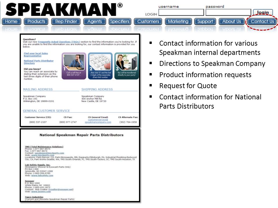  Contact information for various Speakman internal departments  Directions to Speakman Company  Product information requests  Request for Quote  Contact information for National Parts Distributors