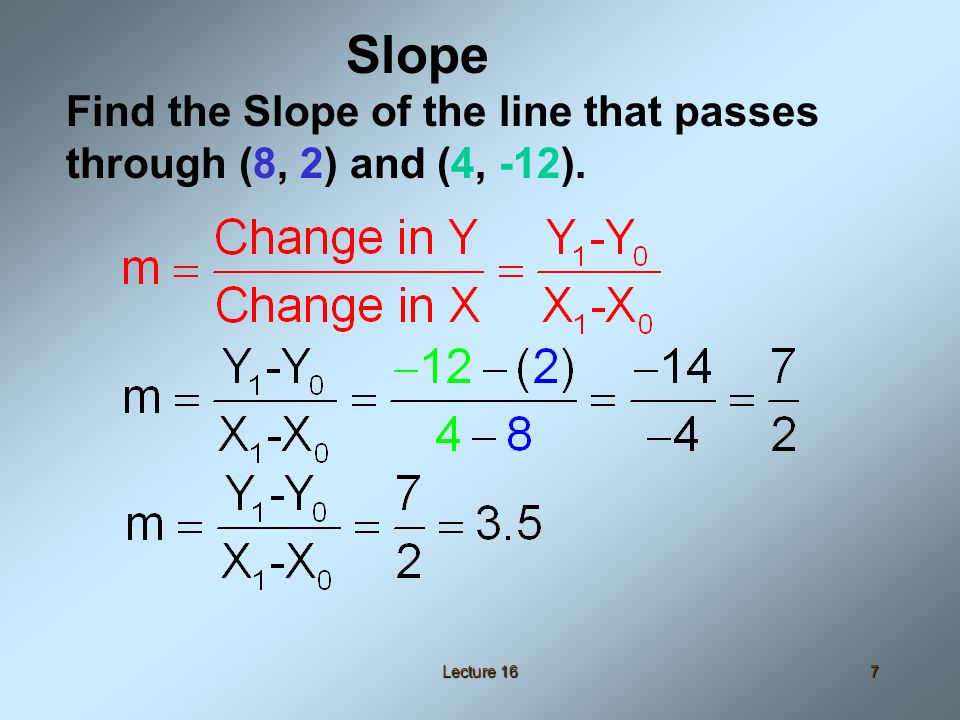 Lecture 167 Find the Slope of the line that passes through (8, 2) and (4, -12). Slope