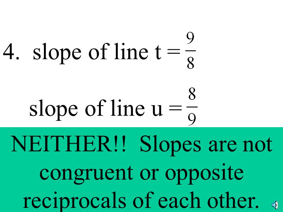 3. slope of line t = slope of line u = These lines are parallel.