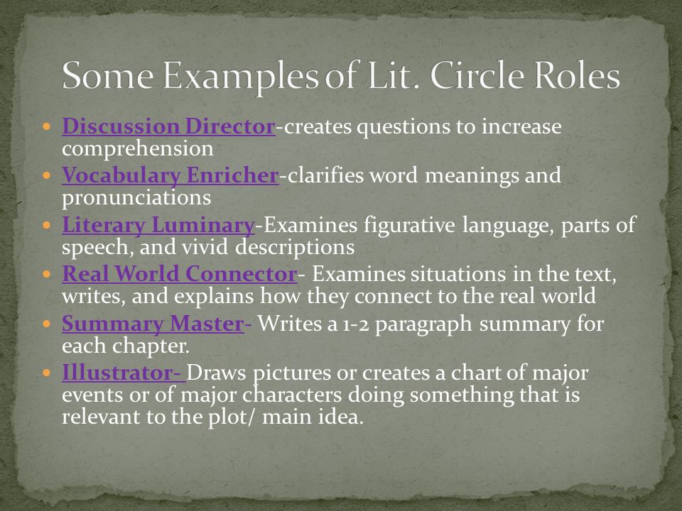Discussion Director-creates questions to increase comprehension Vocabulary Enricher-clarifies word meanings and pronunciations Literary Luminary-Examines figurative language, parts of speech, and vivid descriptions Real World Connector- Examines situations in the text, writes, and explains how they connect to the real world Summary Master- Writes a 1-2 paragraph summary for each chapter.