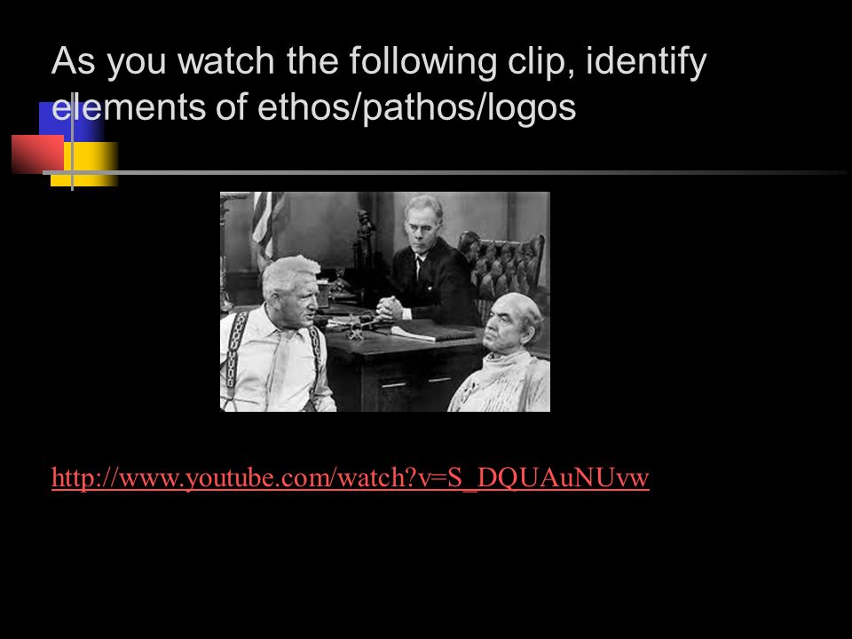 As you watch the following clip, identify elements of ethos/pathos/logos   v=S_DQUAuNUvw