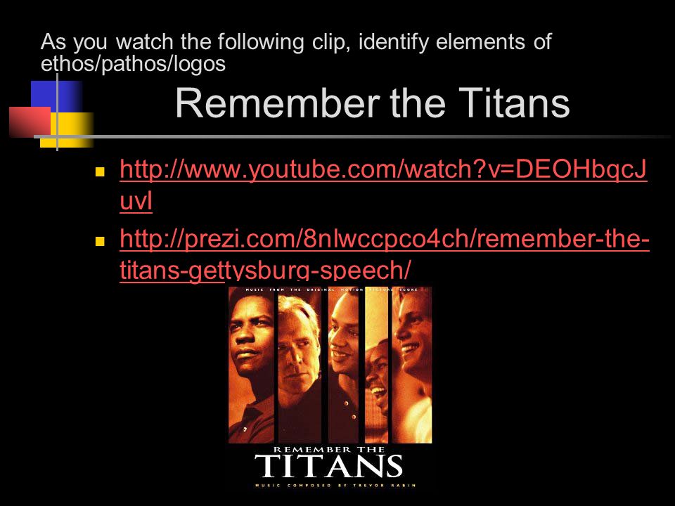 Remember the Titans   v=DEOHbqcJ uvI   v=DEOHbqcJ uvI   titans-gettysburg-speech/   titans-gettysburg-speech/ As you watch the following clip, identify elements of ethos/pathos/logos