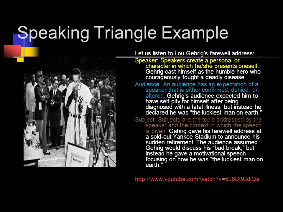 Speaking Triangle Example Let us listen to Lou Gehrig’s farewell address: Speaker: Speakers create a persona, or character in which he/she presents oneself.