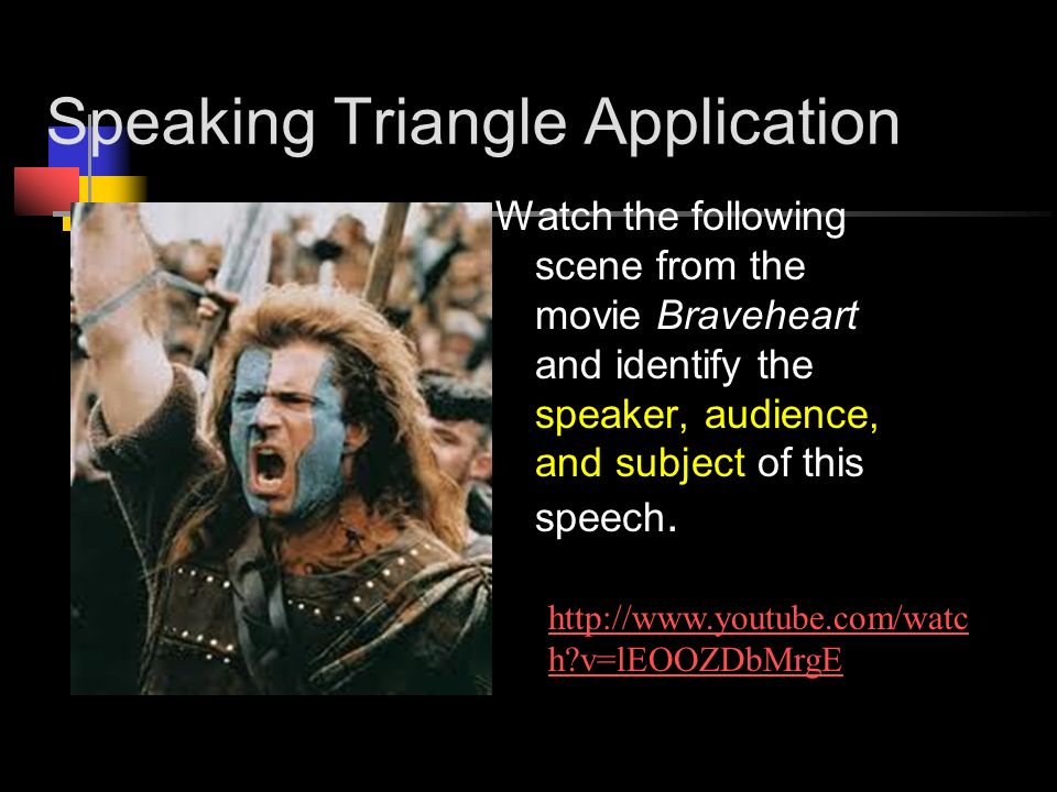 Speaking Triangle Application Watch the following scene from the movie Braveheart and identify the speaker, audience, and subject of this speech.