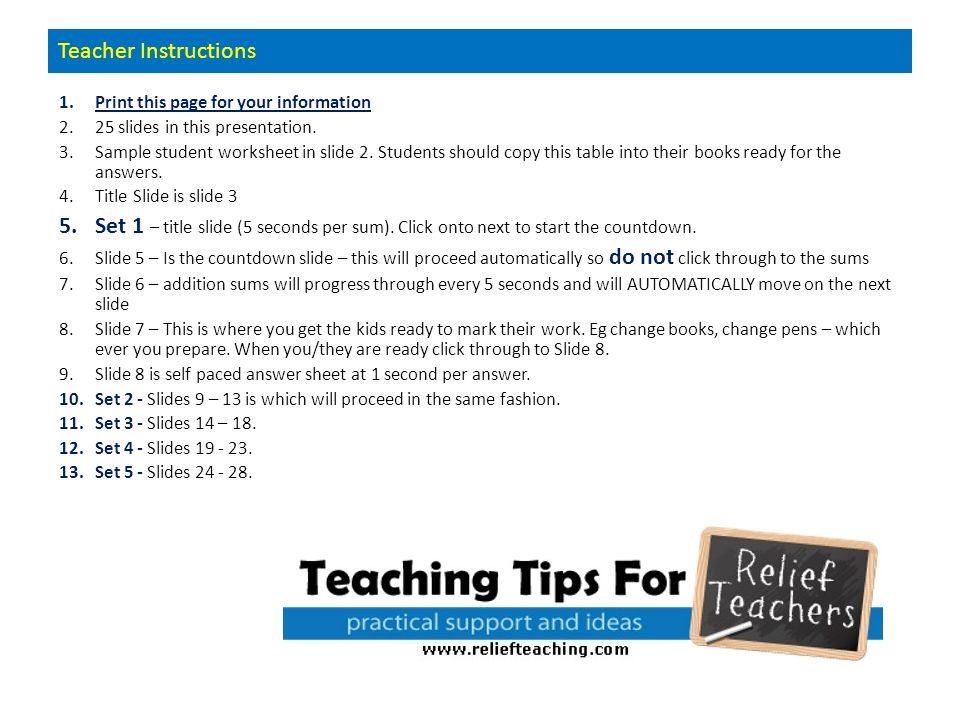 Teacher Instructions 1.Print this page for your information 2.25 slides in this presentation.