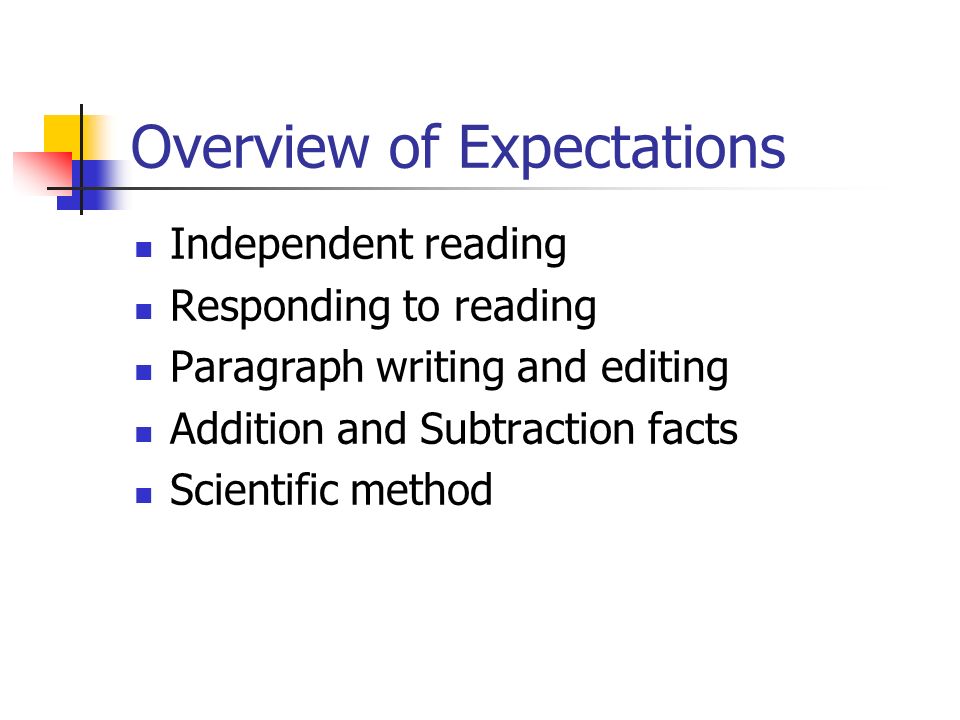 Overview of Expectations Independent reading Responding to reading Paragraph writing and editing Addition and Subtraction facts Scientific method