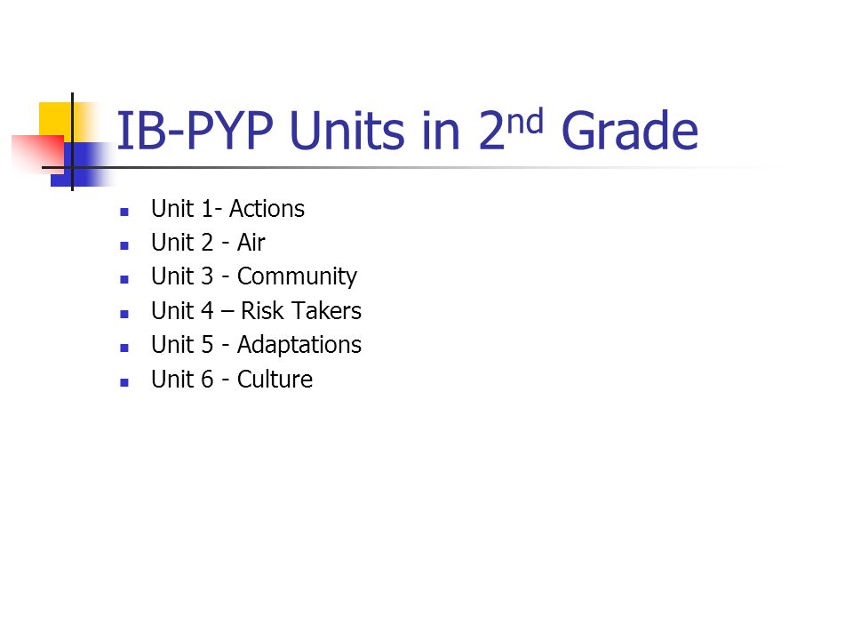IB-PYP Units in 2 nd Grade Unit 1- Actions Unit 2 - Air Unit 3 - Community Unit 4 – Risk Takers Unit 5 - Adaptations Unit 6 - Culture