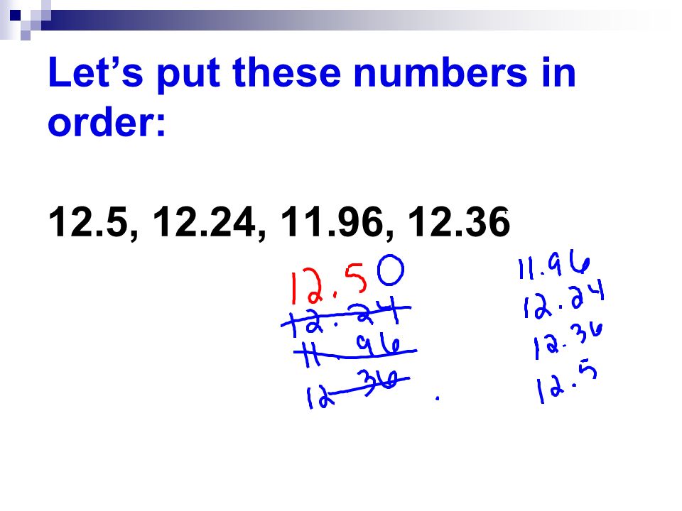 Let’s put these numbers in order: 12.5, 12.24, 11.96, Fill in the missing space with a zero.