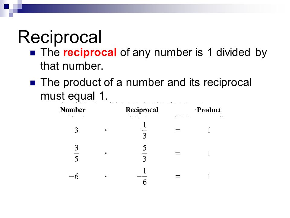 Reciprocal The reciprocal of any number is 1 divided by that number.