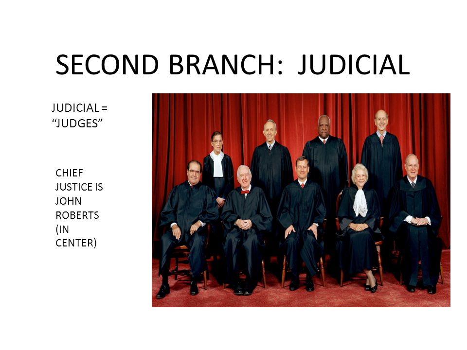 SECOND BRANCH: JUDICIAL JUDICIAL = JUDGES CHIEF JUSTICE IS JOHN ROBERTS (IN CENTER)