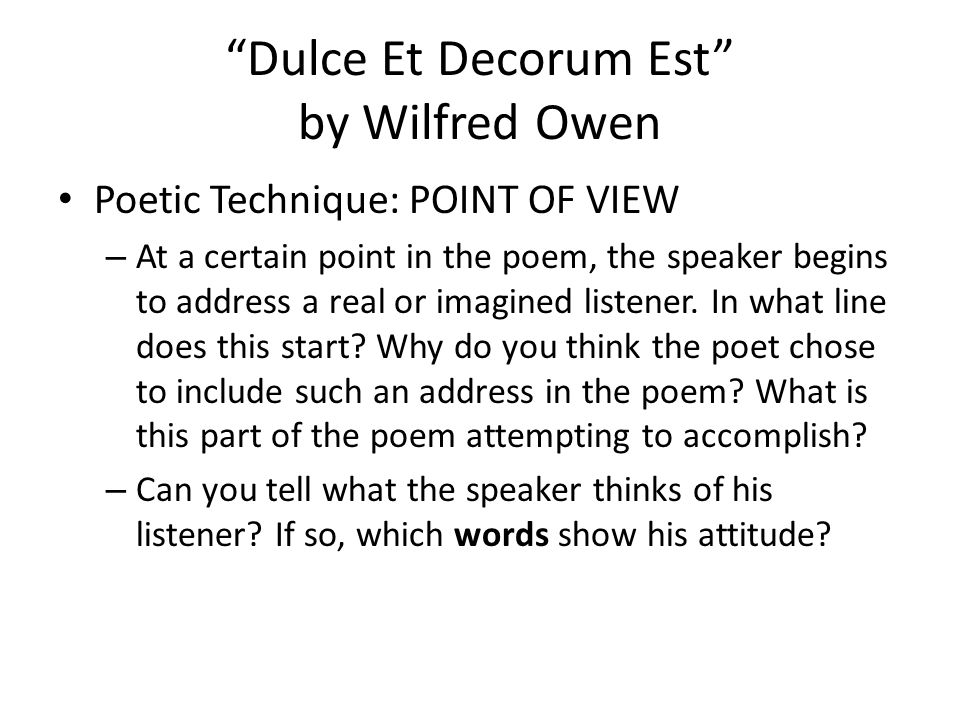 wilfred owen dulce et decorum est analysis essay Essay on dulce et decorum est exemplar 2015 dulce et decorum est analysis wilfred owen fought for his country in world war i at this time, the dominant ideology in britain was that it was an honour to fight for one’s country. wilfred owen dulce et decorum est analysis essay Essay on dulce et decorum est exemplar 2015 dulce et decorum est analysis wilfred owen fought for his country in world war i at this time, the dominant ideology in britain was that it was an honour to fight for one’s country.