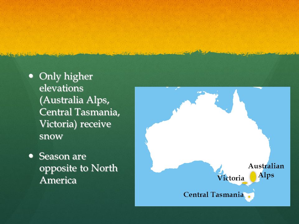 Only higher elevations (Australia Alps, Central Tasmania, Victoria) receive snow Only higher elevations (Australia Alps, Central Tasmania, Victoria) receive snow Season are opposite to North America Season are opposite to North America Victoria Australian Alps Central Tasmania
