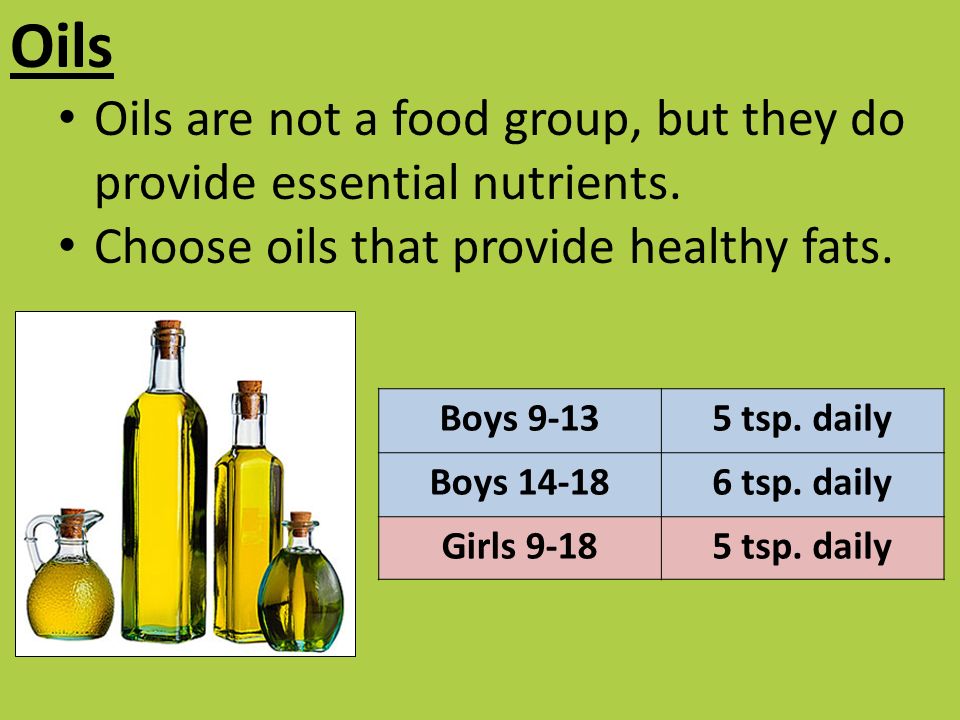Oils Oils are not a food group, but they do provide essential nutrients.