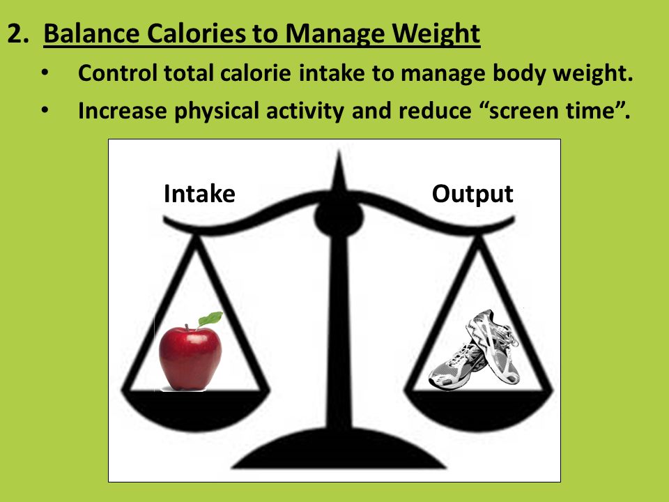 2. Balance Calories to Manage Weight Control total calorie intake to manage body weight.