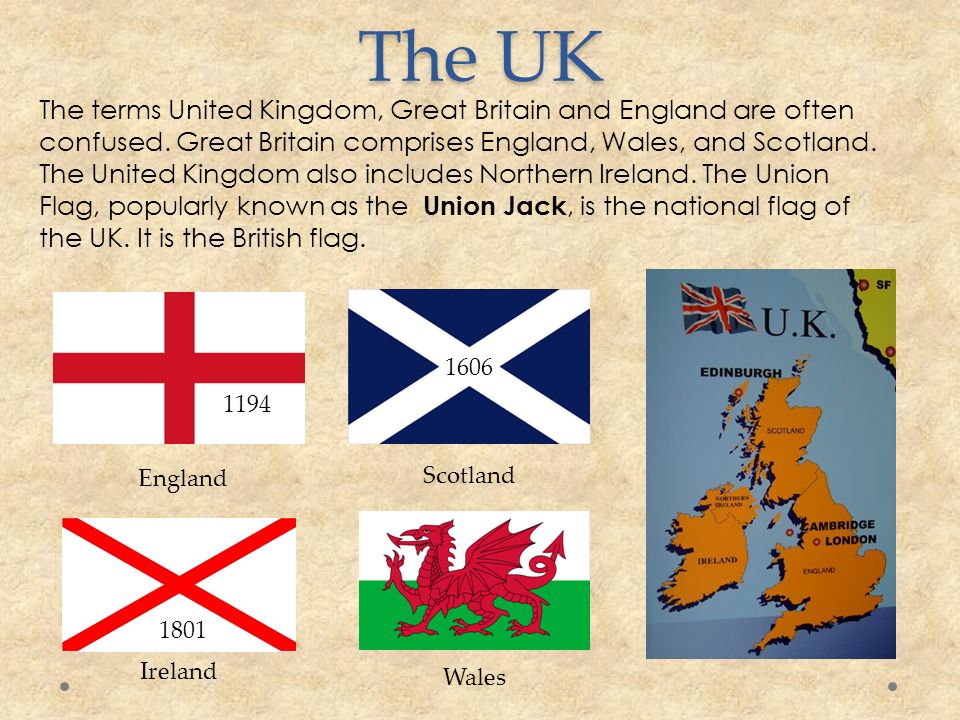 The UK The terms United Kingdom, Great Britain and England are often confused.