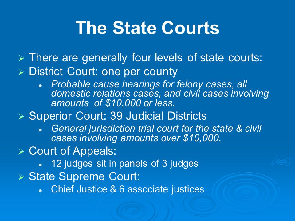 The State Courts   There are generally four levels of state courts:   District Court: one per county Probable cause hearings for felony cases, all domestic relations cases, and civil cases involving amounts of $10,000 or less.