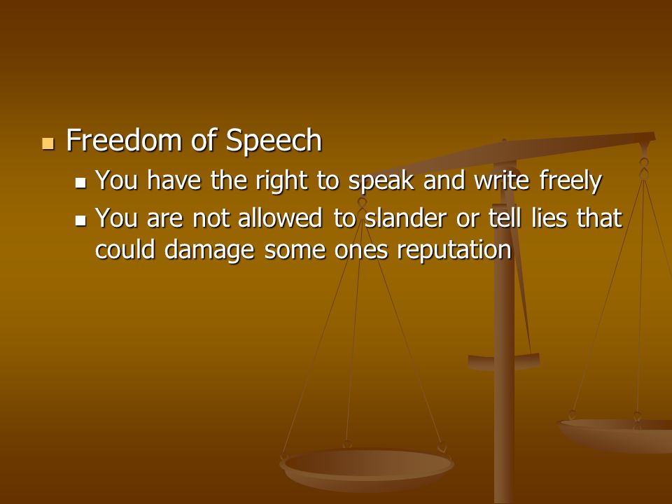 Freedom of Speech Freedom of Speech You have the right to speak and write freely You have the right to speak and write freely You are not allowed to slander or tell lies that could damage some ones reputation You are not allowed to slander or tell lies that could damage some ones reputation