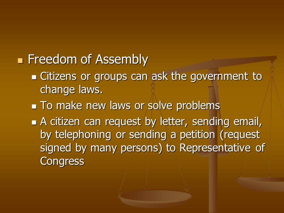 Freedom of Assembly Freedom of Assembly Citizens or groups can ask the government to change laws.