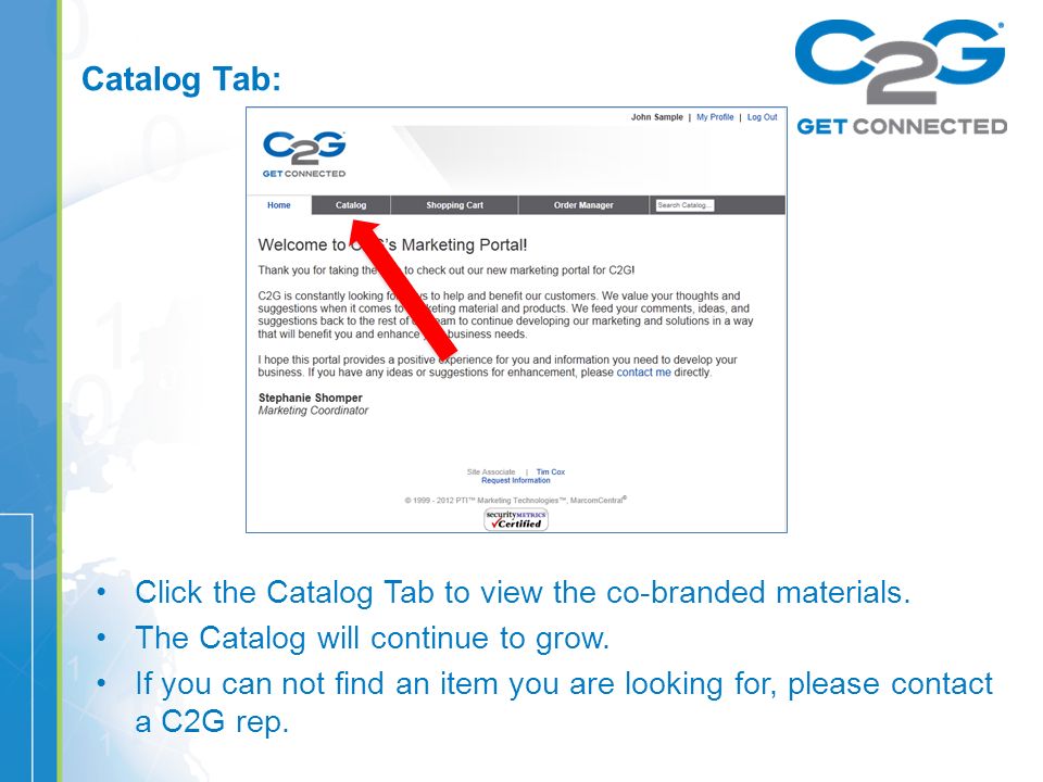 Catalog Tab: Click the Catalog Tab to view the co-branded materials.