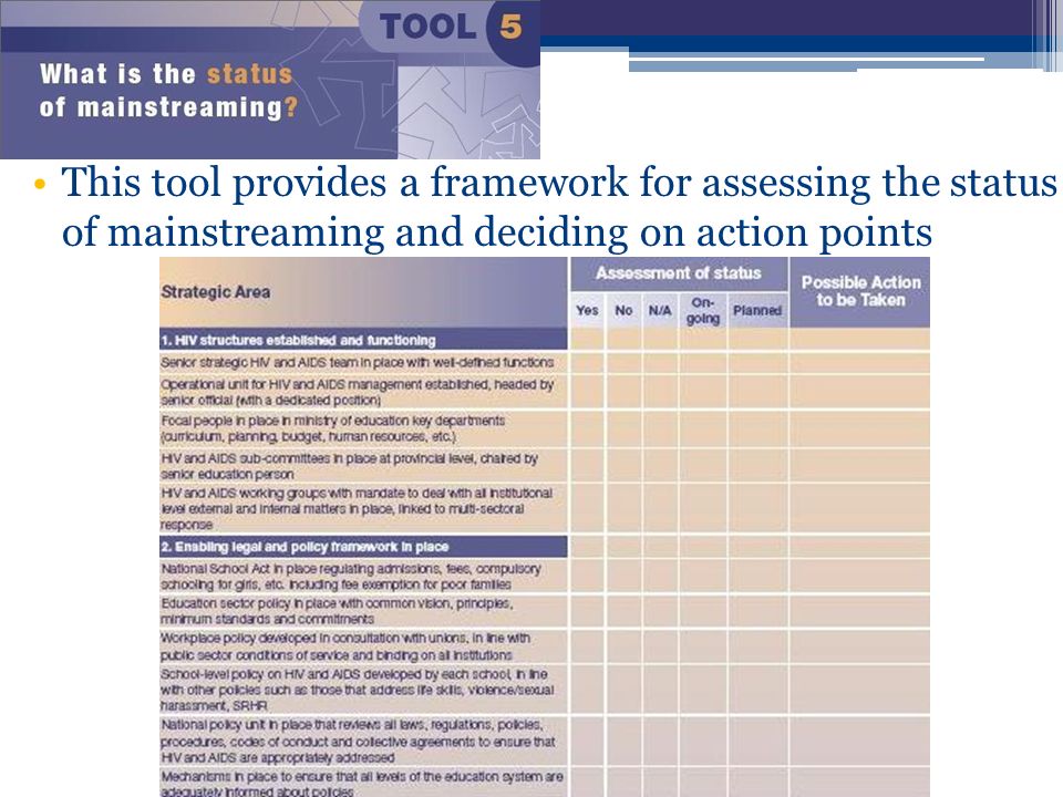 This tool provides a framework for assessing the status of mainstreaming and deciding on action points