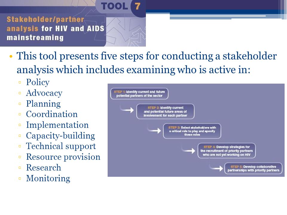This tool presents five steps for conducting a stakeholder analysis which includes examining who is active in: ▫Policy ▫Advocacy ▫Planning ▫Coordination ▫Implementation ▫Capacity-building ▫Technical support ▫Resource provision ▫Research ▫Monitoring