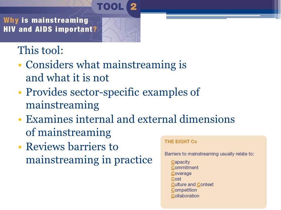 This tool: Considers what mainstreaming is and what it is not Provides sector-specific examples of mainstreaming Examines internal and external dimensions of mainstreaming Reviews barriers to mainstreaming in practice