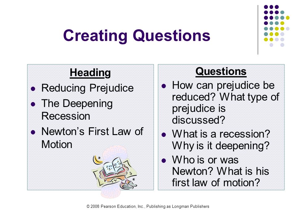 © 2008 Pearson Education, Inc., Publishing as Longman Publishers Creating Questions Heading Reducing Prejudice The Deepening Recession Newton’s First Law of Motion Questions How can prejudice be reduced.