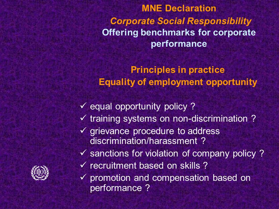 MNE Declaration Corporate Social Responsibility Offering benchmarks for corporate performance Principles in practice Equality of employment opportunity equal opportunity policy .