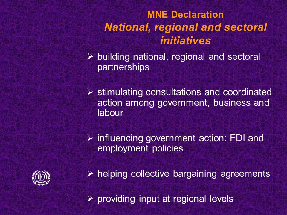MNE Declaration National, regional and sectoral initiatives  building national, regional and sectoral partnerships  stimulating consultations and coordinated action among government, business and labour  influencing government action: FDI and employment policies  helping collective bargaining agreements  providing input at regional levels