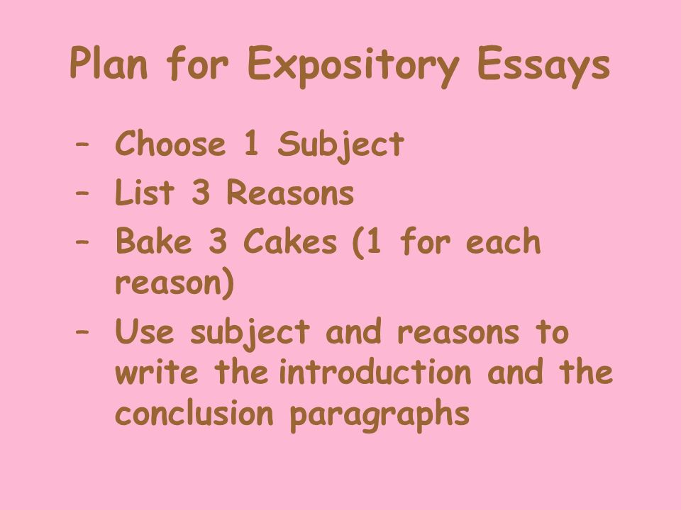 Plan for Expository Essays –Choose 1 Subject –List 3 Reasons –Bake 3 Cakes (1 for each reason) –Use subject and reasons to write the introduction and the conclusion paragraphs