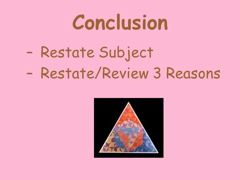 Conclusion –Restate Subject –Restate/Review 3 Reasons