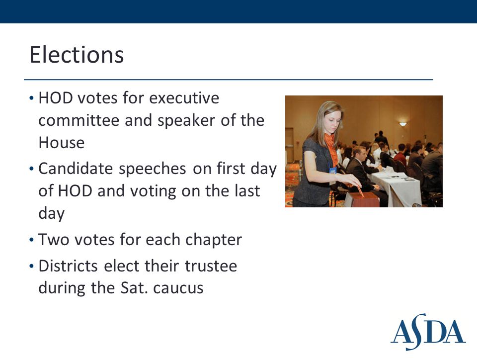 Elections HOD votes for executive committee and speaker of the House Candidate speeches on first day of HOD and voting on the last day Two votes for each chapter Districts elect their trustee during the Sat.
