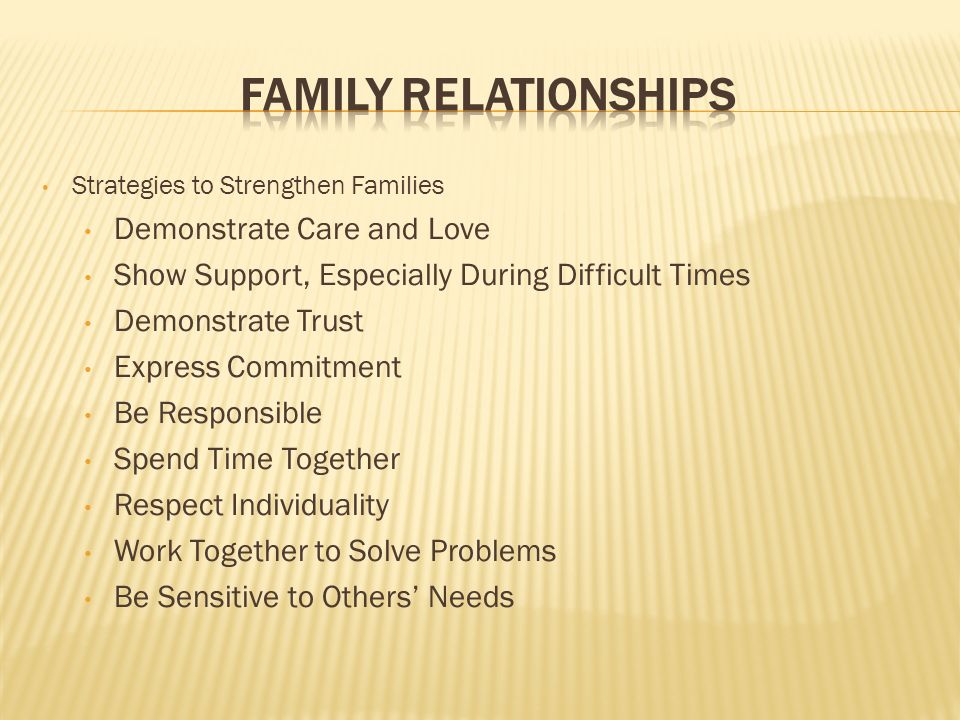 Strategies to Strengthen Families Demonstrate Care and Love Show Support, Especially During Difficult Times Demonstrate Trust Express Commitment Be Responsible Spend Time Together Respect Individuality Work Together to Solve Problems Be Sensitive to Others’ Needs
