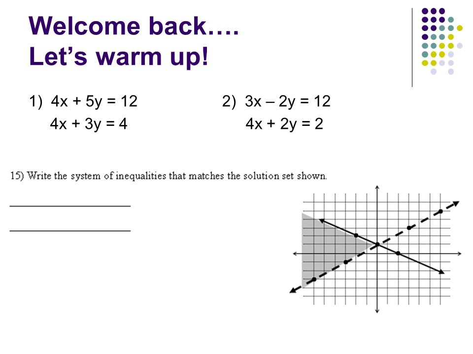 Welcome back…. Let’s warm up! 1) 4x + 5y = 12 2) 3x – 2y = 12 4x + 3y = 4 4x + 2y = 2