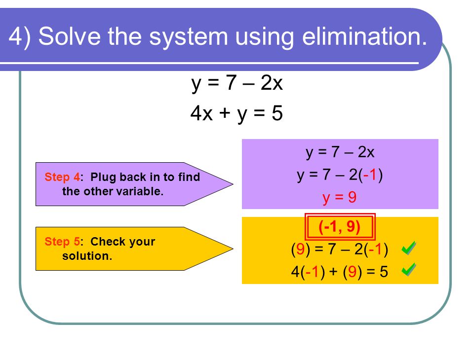 4) Solve the system using elimination. Step 4: Plug back in to find the other variable.