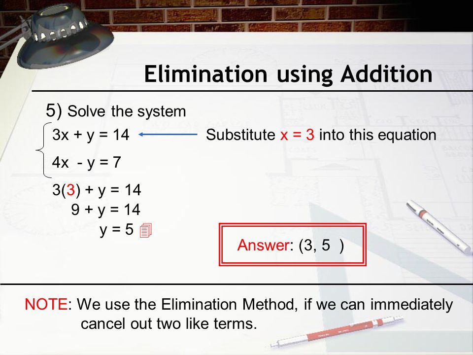 Elimination using Addition Answer: (3, 5 ) 3x + y = 14 4x - y = 7 Substitute x = 3 into this equation 3(3) + y = y = 14 y = 5  NOTE: We use the Elimination Method, if we can immediately cancel out two like terms.