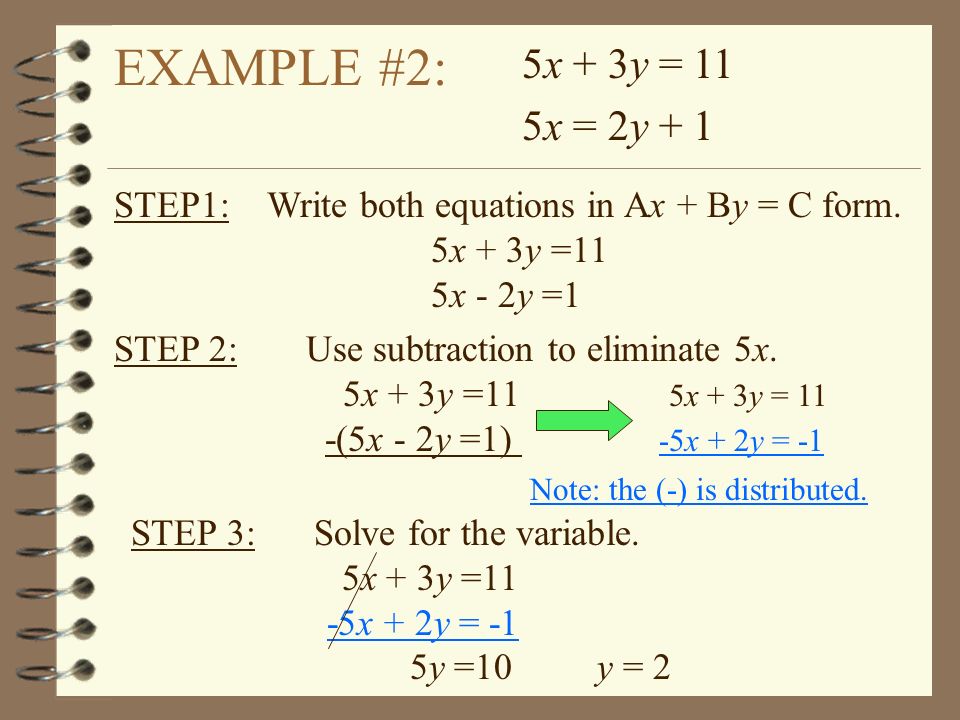 EXAMPLE #2: STEP 2:Use subtraction to eliminate 5x.