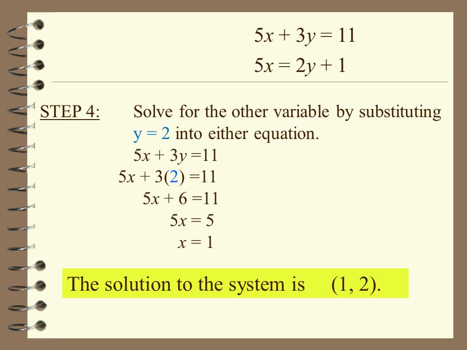 STEP 4: Solve for the other variable by substituting y = 2 into either equation.