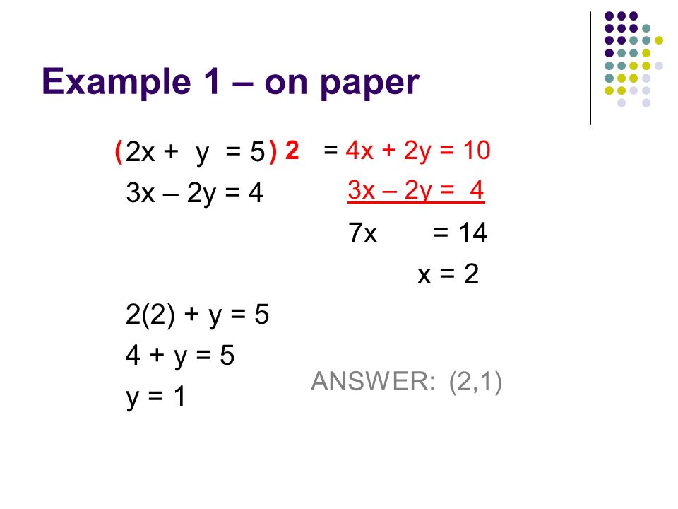 Example 1 – on paper 2x + y = 5 3x – 2y = 4 7x = 14 x = 2 2(2) + y = y = 5 y = 1 ( ) 2= 4x + 2y = 10 3x – 2y = 4 ANSWER: (2,1)
