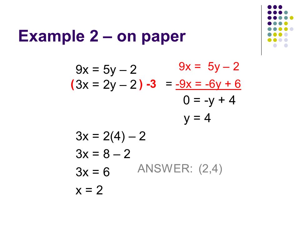 Example 2 – on paper 0 = -y + 4 y = 4 3x = 2(4) – 2 3x = 8 – 2 3x = 6 x = 2 ( ) -3= -9x = -6y + 6 9x = 5y – 2 ANSWER: (2,4) 9x = 5y – 2 3x = 2y – 2