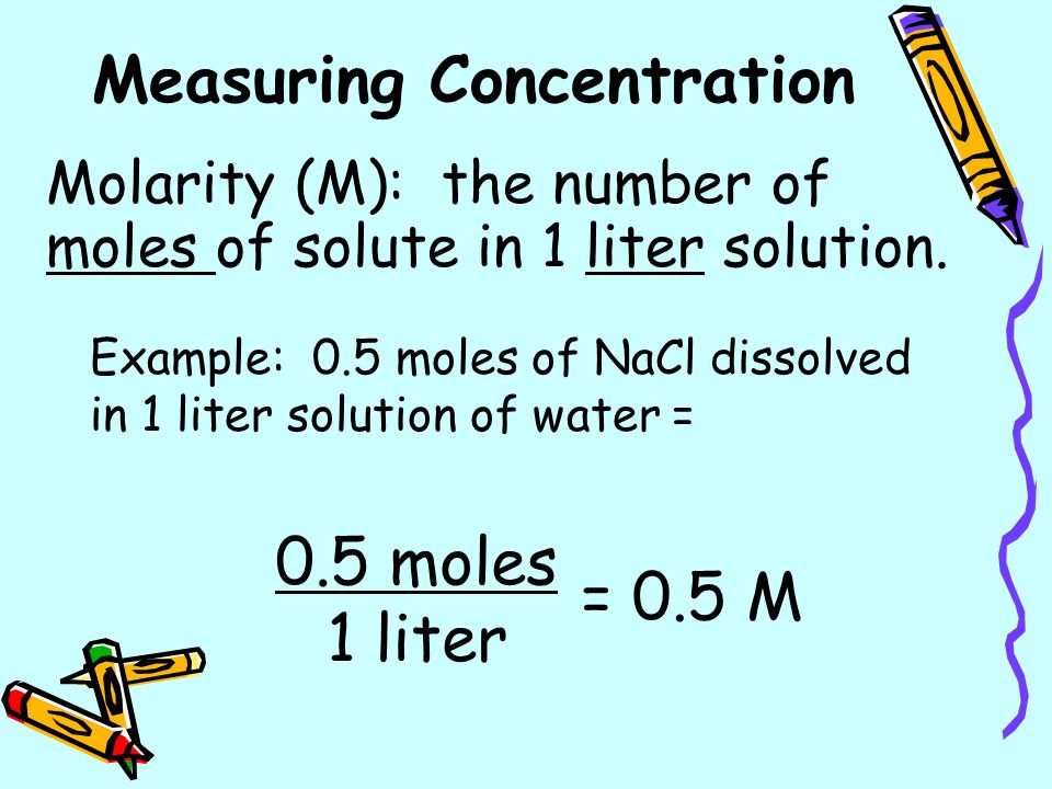 Measuring Concentration Molarity (M): the number of moles of solute in 1 liter solution.