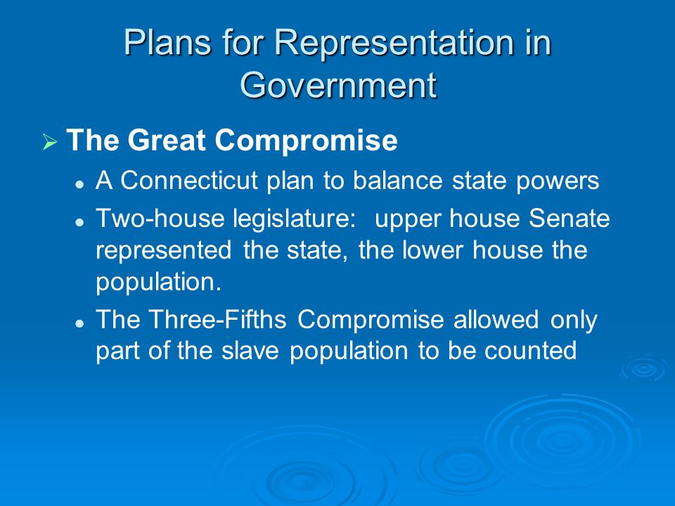 Plans for Representation in Government   The Great Compromise A Connecticut plan to balance state powers Two-house legislature: upper house Senate represented the state, the lower house the population.