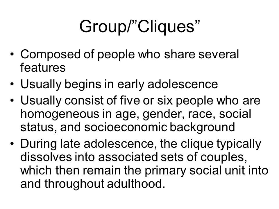 Group/ Cliques Composed of people who share several features Usually begins in early adolescence Usually consist of five or six people who are homogeneous in age, gender, race, social status, and socioeconomic background During late adolescence, the clique typically dissolves into associated sets of couples, which then remain the primary social unit into and throughout adulthood.