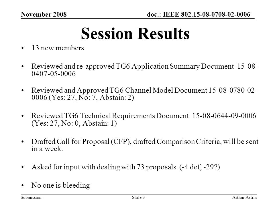 doc.: IEEE Submission November 2008 Arthur AstrinSlide 3 Session Results 13 new members Reviewed and re-approved TG6 Application Summary Document Reviewed and Approved TG6 Channel Model Document (Yes: 27, No: 7, Abstain: 2) Reviewed TG6 Technical Requirements Document (Yes: 27, No: 0, Abstain: 1) Drafted Call for Proposal (CFP), drafted Comparison Criteria, will be sent in a week.