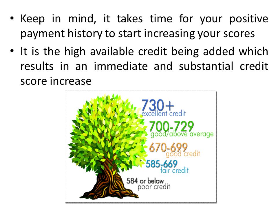 Keep in mind, it takes time for your positive payment history to start increasing your scores It is the high available credit being added which results in an immediate and substantial credit score increase
