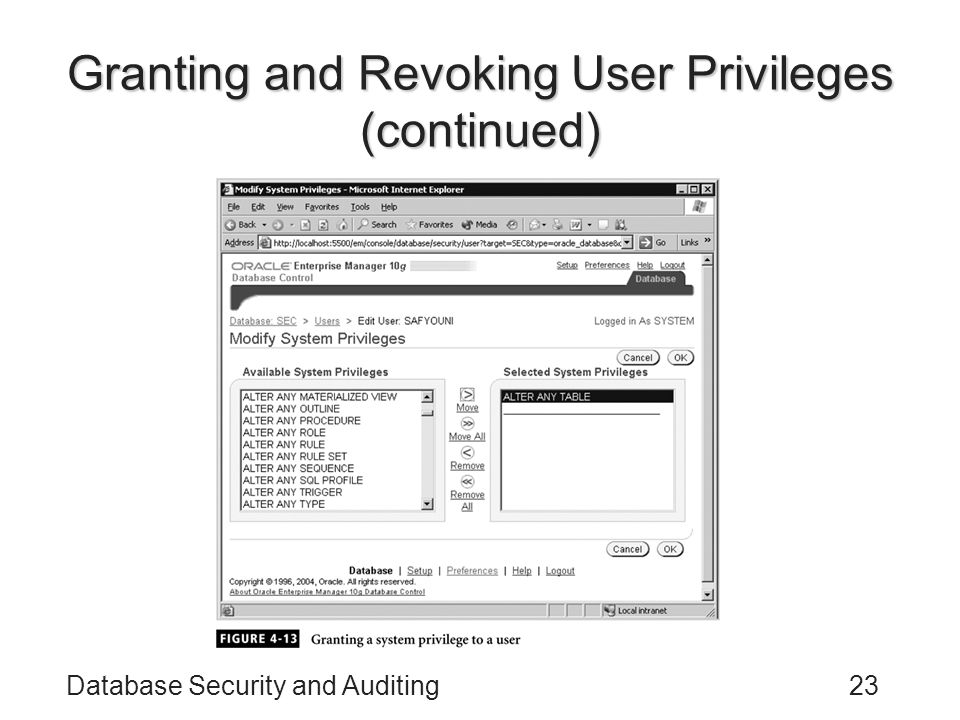 Database Security and Auditing23 Granting and Revoking User Privileges (continued)