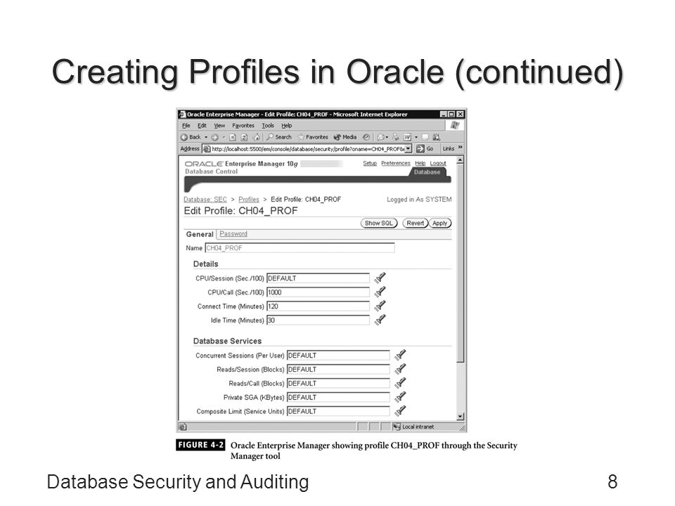 Database Security and Auditing8 Creating Profiles in Oracle (continued)