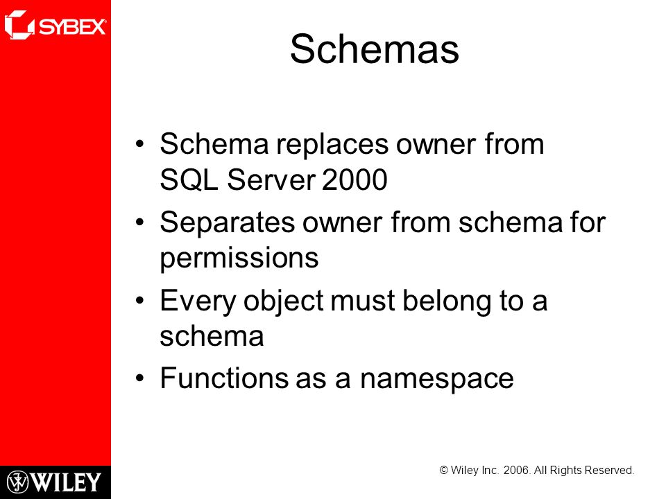 Schemas Schema replaces owner from SQL Server 2000 Separates owner from schema for permissions Every object must belong to a schema Functions as a namespace © Wiley Inc.
