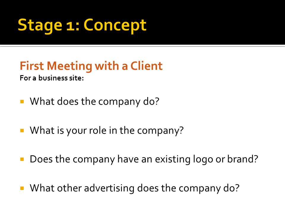 First Meeting with a Client For a business site:  What does the company do.